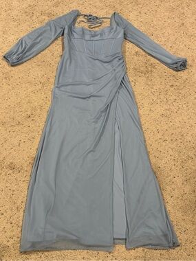 Azazie Dusty Blue Long Sleeve Mesh Wrap Gown
